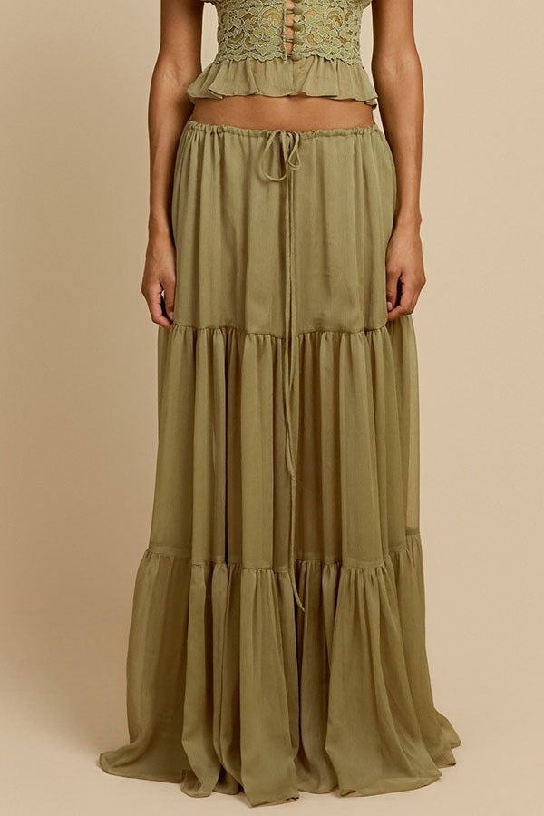 Sabrina Chiffon Mid Rise Adjustable Waist Tiered Silhouette Maxi Skirt