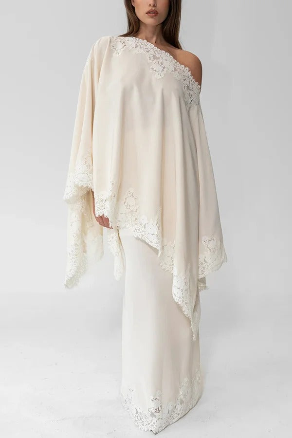 Like A Swan Lace Trim Off Shoulder Cape Top and Elastic Waist Draped Maxi Skirt Set