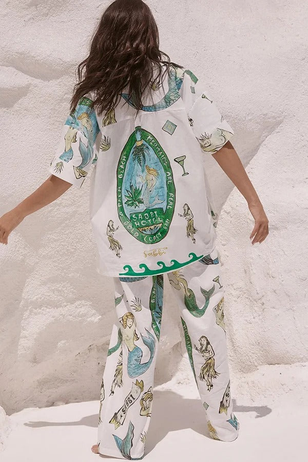 Set aus Hemdoberteil mit Meerjungfrauen-Print aus Leinenmischung und lockerer Hose mit elastischem Bund