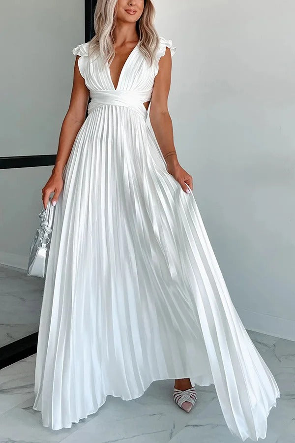 Opulent Occasion Satin Pleated Ruffle Sleeve Back Lace-up Maxi Dress