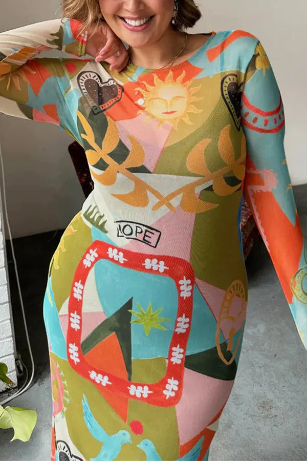 Sundazed Sommer Mesh Bunte Einzigartige Druck Langarm Stretch Maxi Kleid