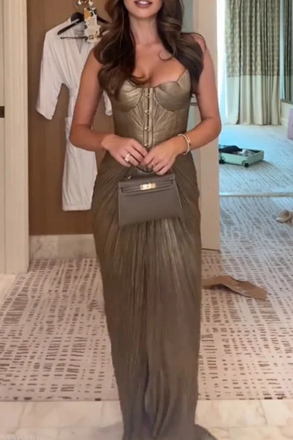 Vegas Queen Metallic Pleated Sculpted Bodice Back Lace-up Drape Maxi Dress