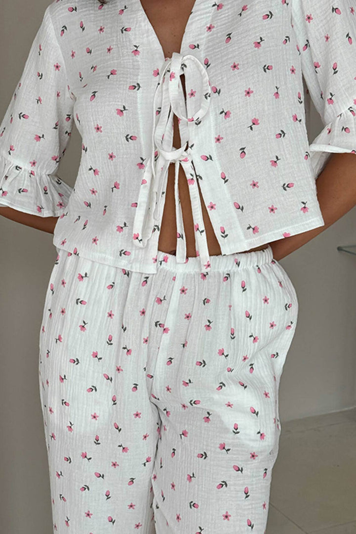 Bedrucktes Rüschenhemd zum Binden aus Baumwolle