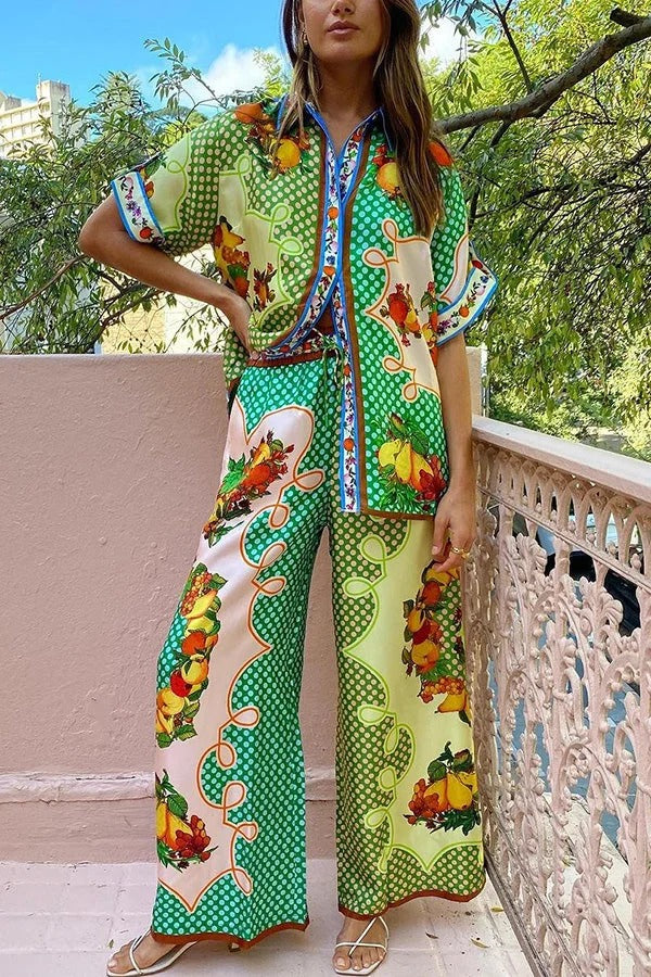 Enjoy Summer Lemon Satin Hose mit einzigartigem Druck, elastischer Bund und Taschen, weites Bein