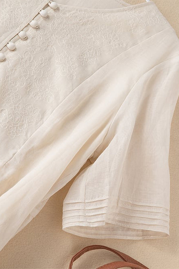 Robe artistique mi-longue brodée en coton et lin pour les fêtes