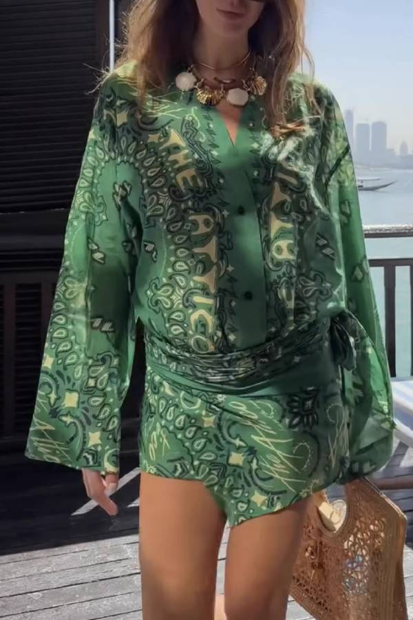 Paisley Print Waist-Cinched Shirt Dress