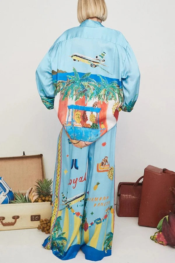 Vacation Flights – Satin-Hose mit einzigartigem Druck, elastischer Bund und Taschen und weitem Bein