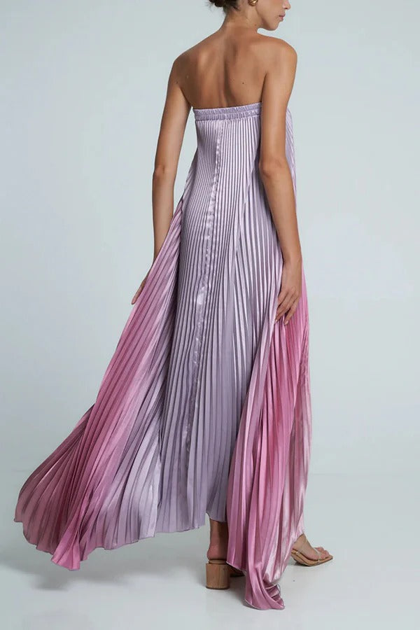 Wunderschönes, trägerloses Maxikleid aus Satin mit plissierter, elastischer Brustpartie und A-Linien-Kleid