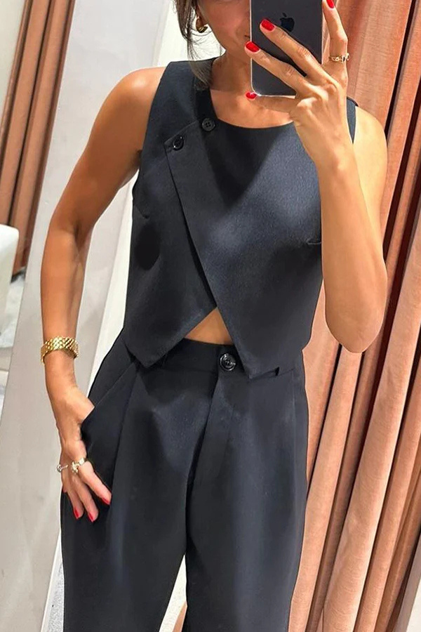 Ensemble débardeur court à col boutonné croisé et pantalon taille haute à poches Balvin en lin mélangé