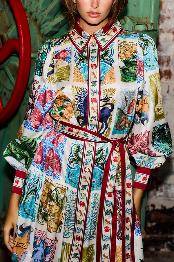 Wond A Land – Midikleid mit einzigartigem Print, Ballonärmeln, Gürtel und Taschen