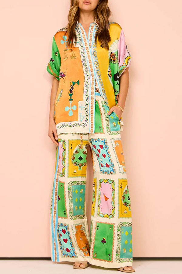 Lustige Poker Sommer Satin Einzigartiger Druck Elastische Taille Taschen Weite Beinhose