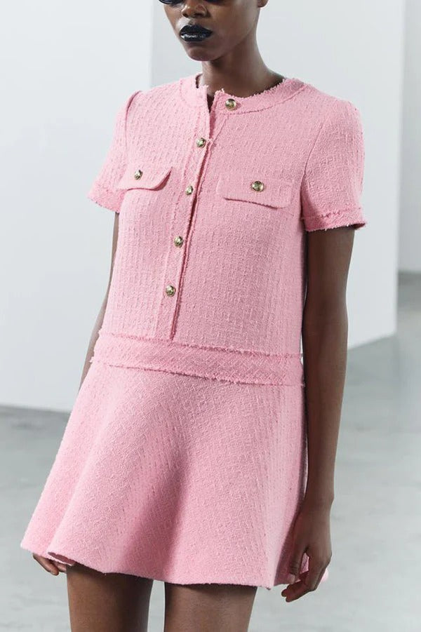 1960er London Girl Tweed Strukturiertes Minikleid mit goldenen Knöpfen und kurzen Ärmeln