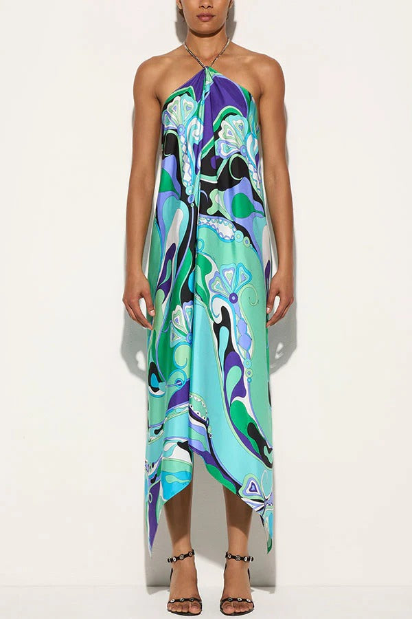 Elmhurst Satin Unique Print Chain Halter Draped Scarf Midi Dress