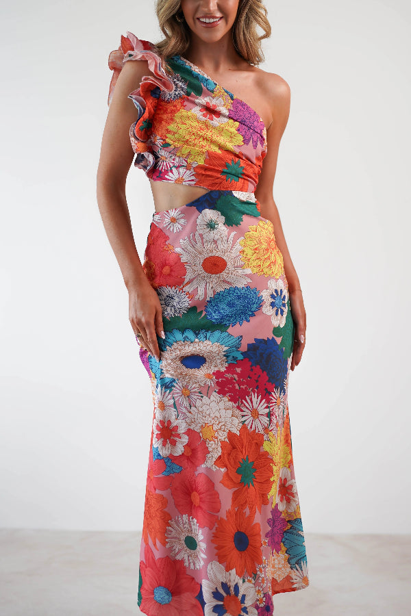 Bloom Wild – Midikleid mit Blumenmuster, One-Shoulder-Träger und Rüschenärmeln, Cut-Out-Taille