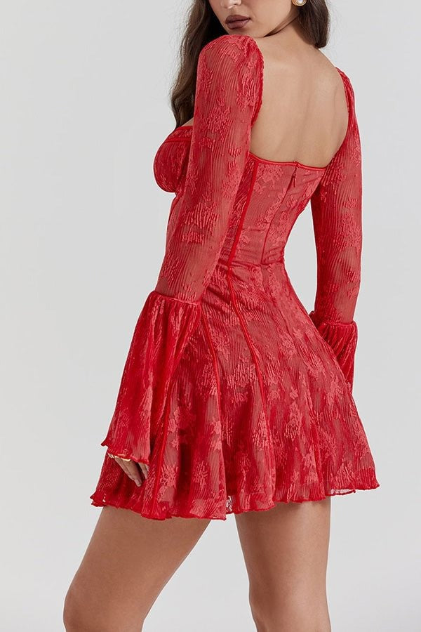 Analyse Dentelle Col Carré Dentelle Slim Fit Dos Zip Mini Manches Longues Robe