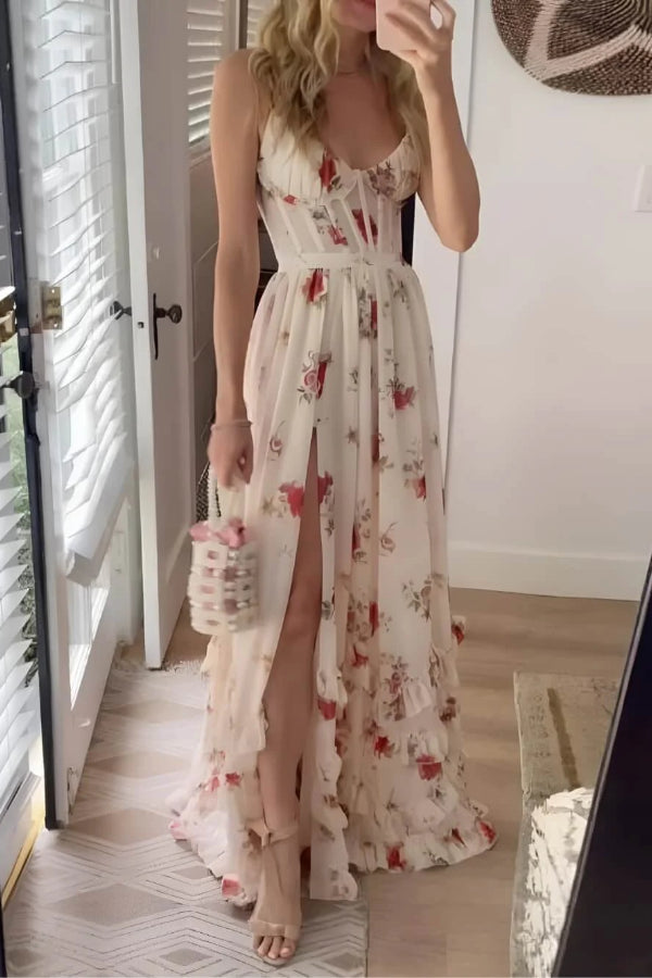 Palace Fairy Maxikleid mit Blumenkorsett und Rüschen, mehrlagig, Schlitz