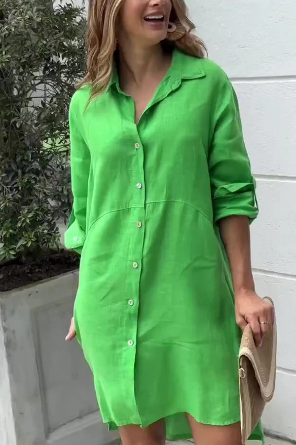 Einfarbiges, langärmliges Minikleid im Button-Down-Hemdstil aus Leinenmischung