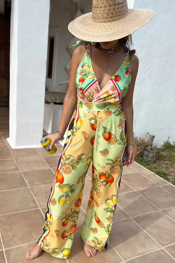 Pantalon de vacances à jambe large imprimé en lin mélangé fruité et agrumes