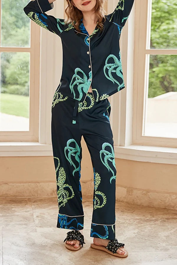 Schwarzes, langärmliges Home-Zweiteiler-Set mit Oktopus-Print