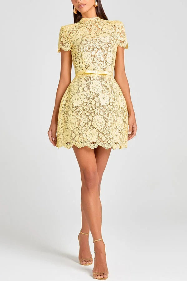 Champagne Toast – Kurzärmliges Minikleid mit Blumenspitze und Schleife und Gürtel