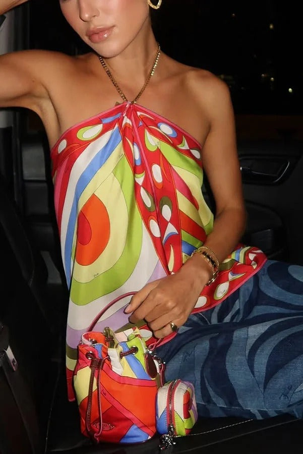 Artistic Girl Satin Unique Print Metal Chain Halter Draped Scarf Tank