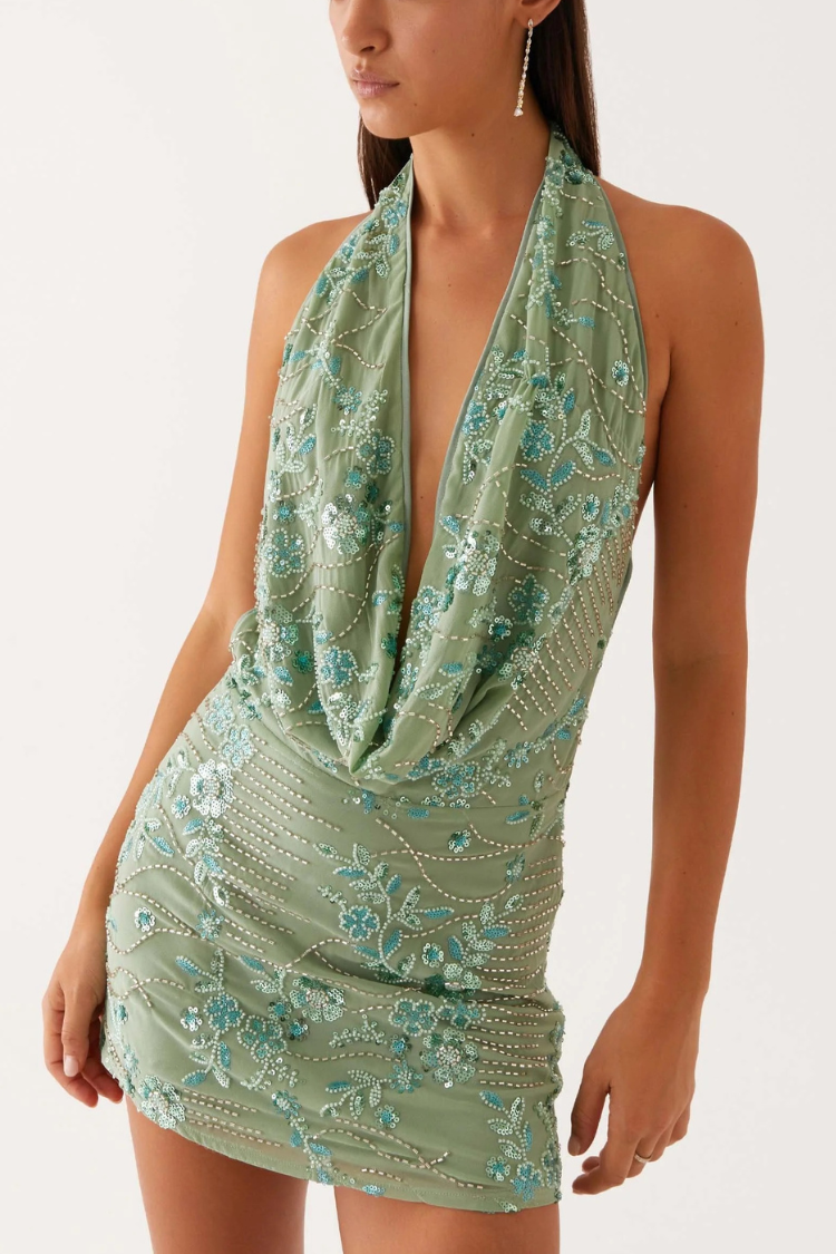 Sieht fantastisch aus Pailletten Perlen Material Wasserfallausschnitt rückenfreies Minikleid