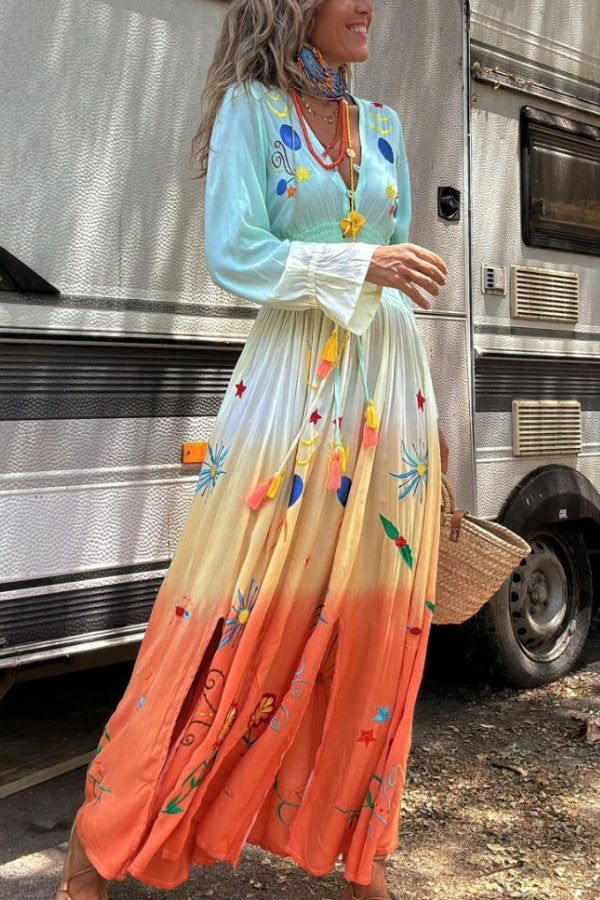 Robe longue à franges et taille élastique à imprimé dégradé Gigi