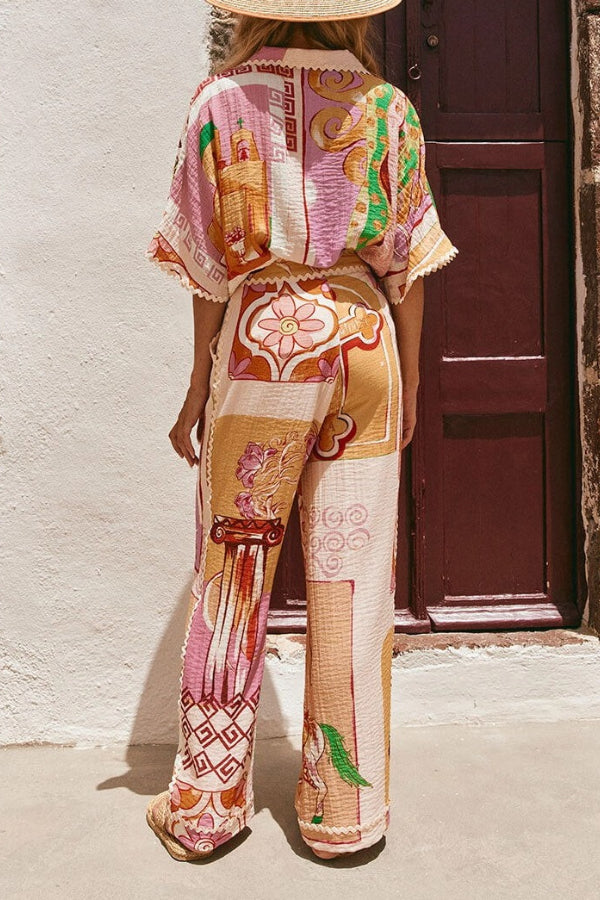 Tia Leinenmischung mit Zickzack-Besatz, einzigartigem Aufdruck, Tanktop + Hemd + Hosenset mit Taschen (3-teilig)