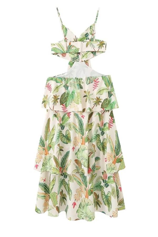 Ärmelloses Maxikleid mit Blumenmuster, Hohlfalten und hoher Taille