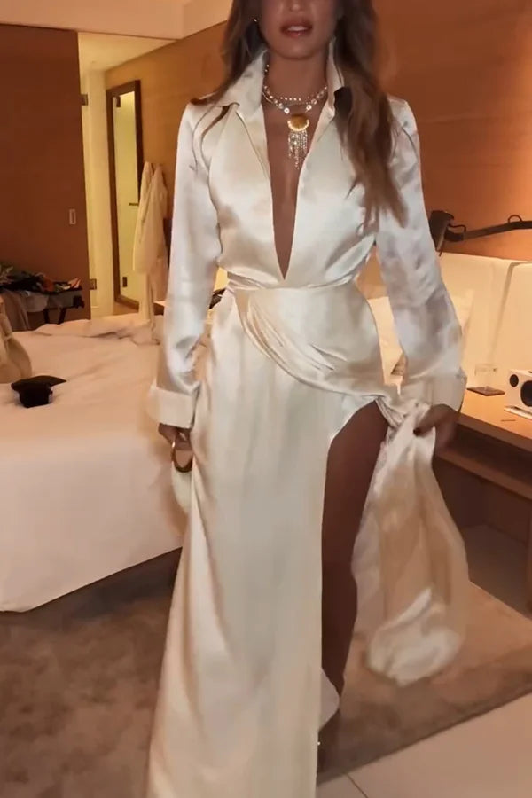 Eleganz und Verführung – Maxi-Hemdkleid aus Satin mit Rüschendetail und Schlitz
