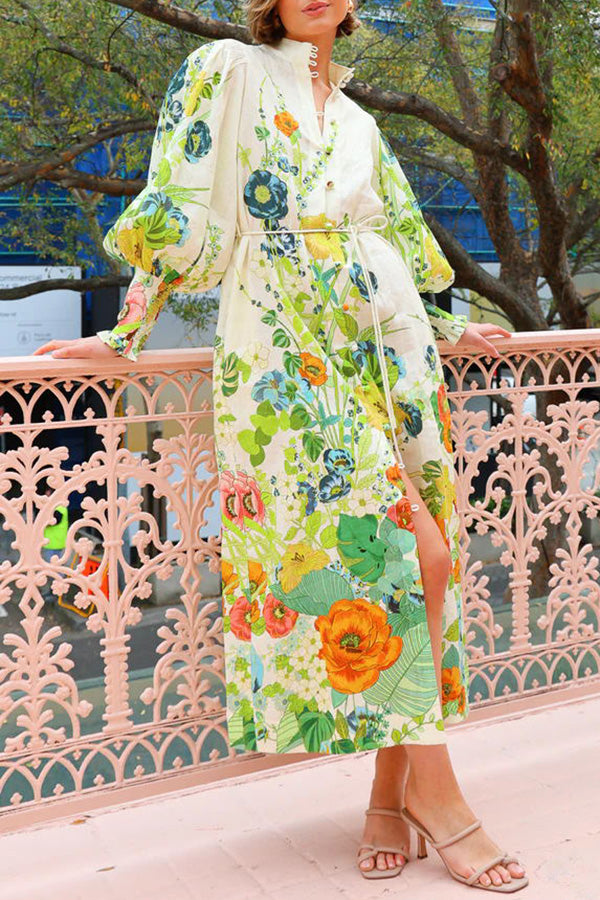 Sommerparty-Midikleid mit Blumendruck, Ballonärmeln, Taschengürtel und Hemd