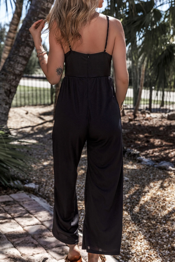 Schwarzer sexy Camisole-Jumpsuit mit V-Ausschnitt, hoher Taille und weitem Bein