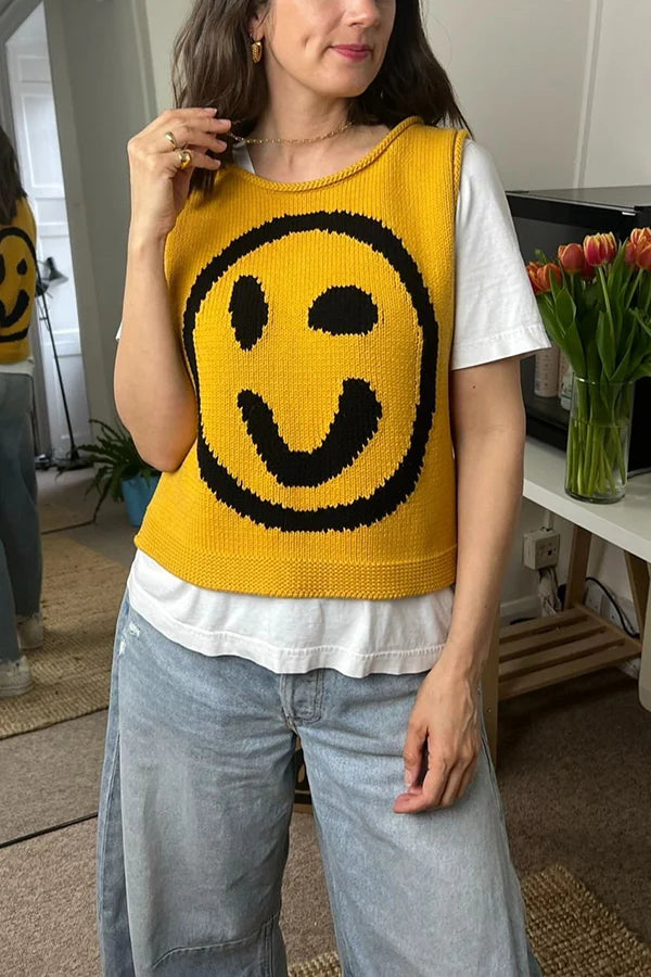 Always Happy Face Strick-Tanktop mit einzigartigem Muster, vielseitig und locker