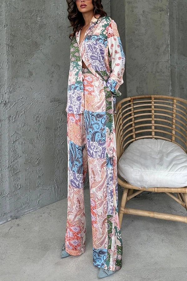 Einzigartiges Set aus Langarmhemd mit ethnischem Aufdruck und Hose mit elastischer Taille