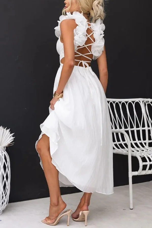 Robe longue de luxe à volants floraux et lacets dans le dos avec taille élastique