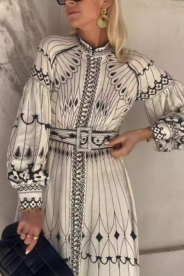 Lockeres, lässiges Midikleid aus Baumwolle und Leinen mit Retro-Laternenärmeln