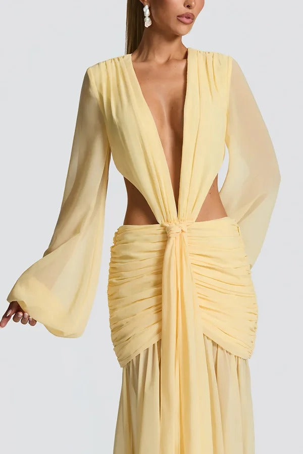 Deep Memories Chiffon Balloon Sleeve Cutout Ruched Drape Maxi Dress
