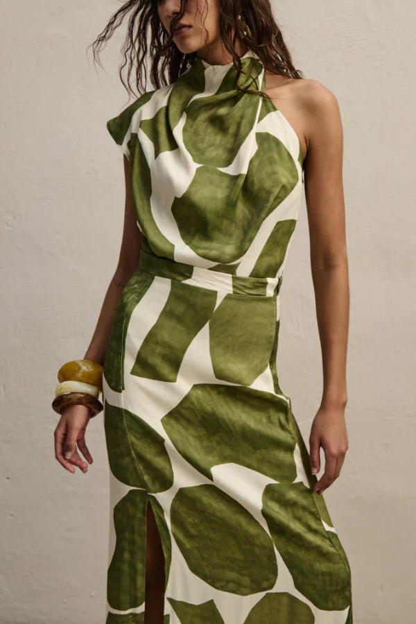 All Eyes on You – Set aus Neckholder-Top zum Binden und hoch sitzendem Maxirock mit Schlitz und einzigartigem Aufdruck