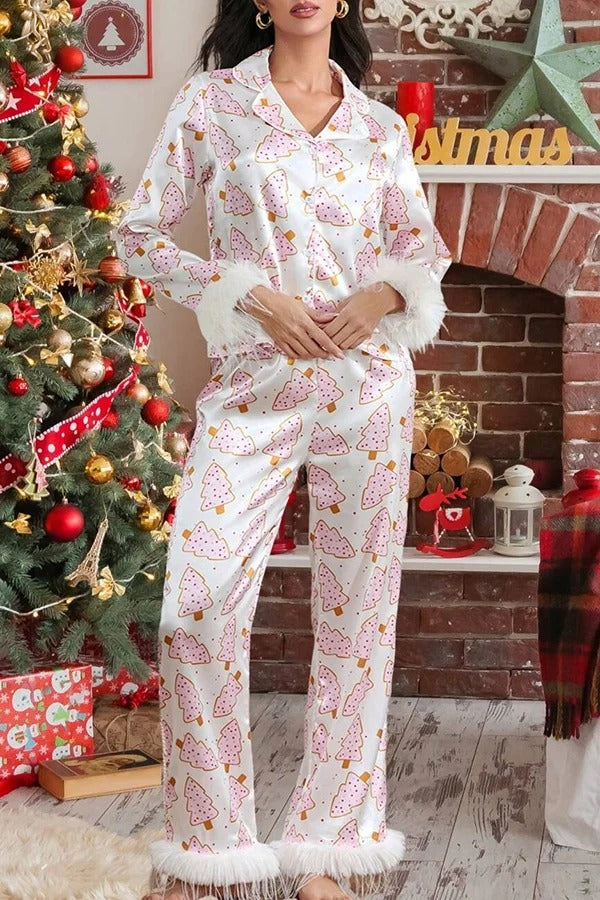 Pyjama-Set mit Weihnachtsdruck, Federbesatz, elastischer Taillentasche