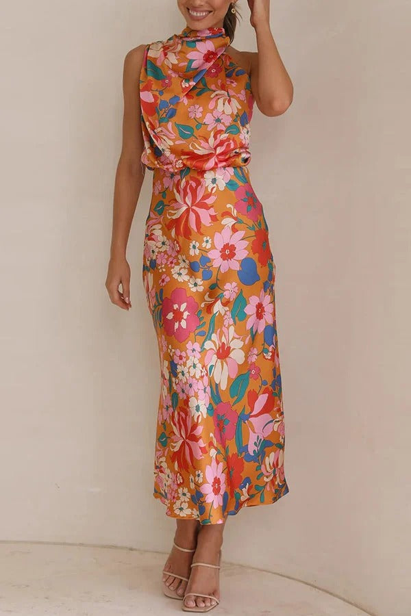 Robe longue fleurie à col licou et taille élastique Fascinating Day