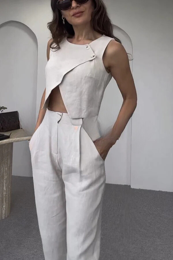 Ensemble débardeur court à col boutonné croisé et pantalon taille haute à poches Balvin en lin mélangé