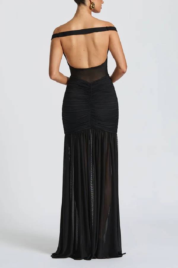 Raise The Level Mesh Off Shoulder Ruched Scarf Stretch Maxi Dress