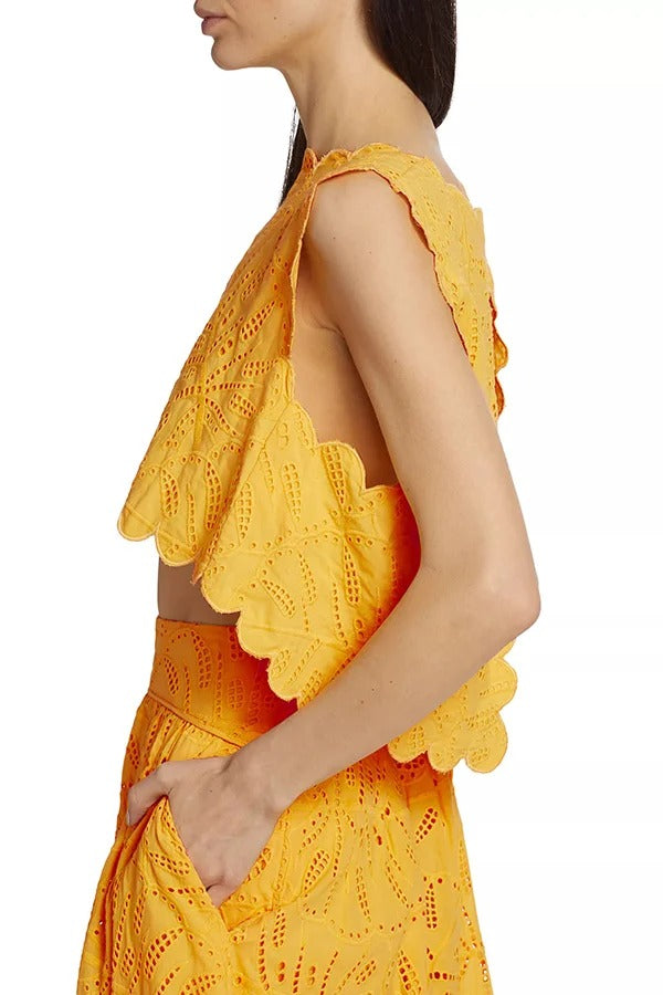 Laylin Crop-Tanktop mit Cut-out, Stickerei und Blütenblatt-Spitze, offenem Rücken und Schlitz