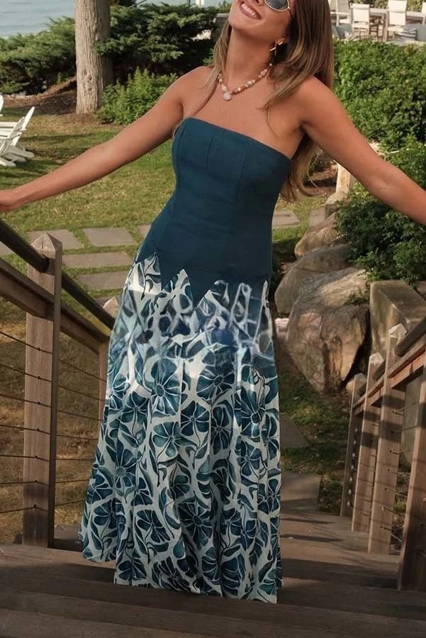 Dottie Colorblock Floral Print Drop Waist Gathered Strapless Maxi Dress