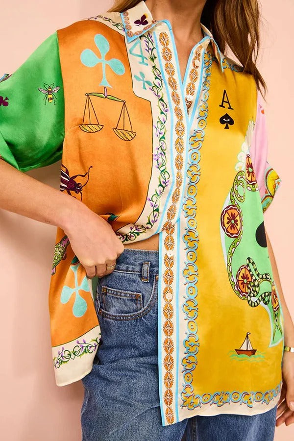 Lustige Poker Sommer Satin Einzigartiger Druck Button Down Oversize Bluse