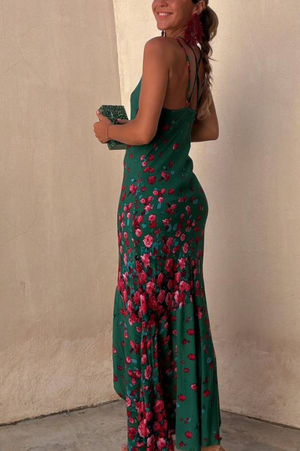Robe longue extensible à lacets et imprimé fleurs tombantes dans le dos