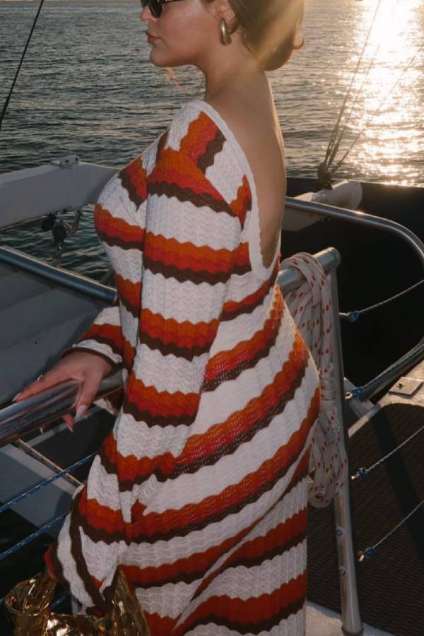 Damen Langarm Rundhalsausschnitt Rückenfrei Gestreift Figurbetontes Pulloverkleid Rippstrick Maxi Lange Kleider