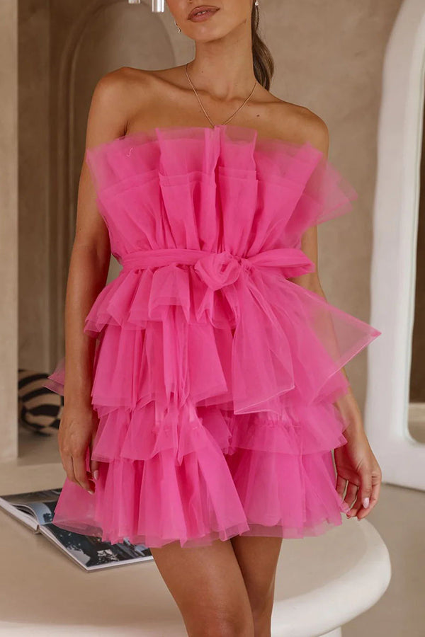 Mini-robe de soirée en tulle à volants et taille élastique, style « Keep The Vibes Fun »