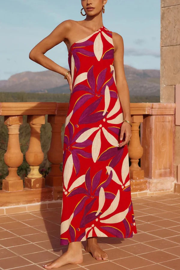 Ärmelloses Maxikleid mit einer Schulter und botanischem Blumenmuster