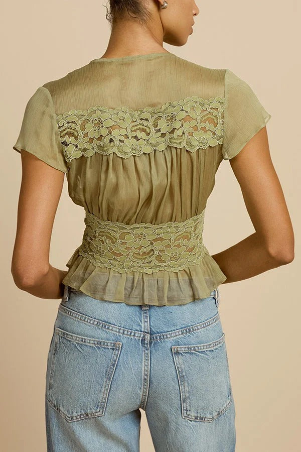 Sabrina Chiffon Lace Trim Button Up Short Sleeve Ruffle Plung Blouse
